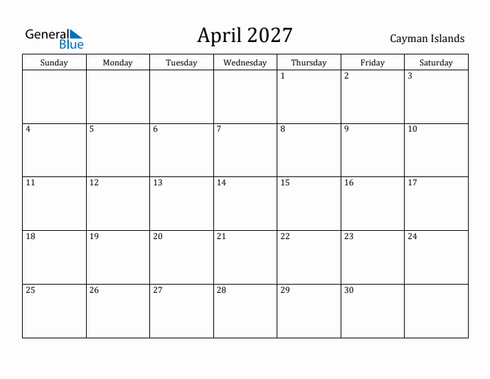 April 2027 Calendar Cayman Islands