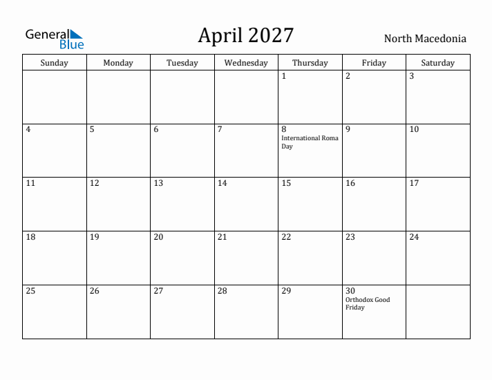 April 2027 Calendar North Macedonia