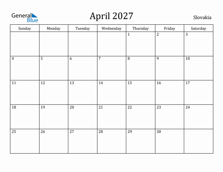 April 2027 Calendar Slovakia