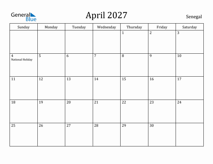 April 2027 Calendar Senegal