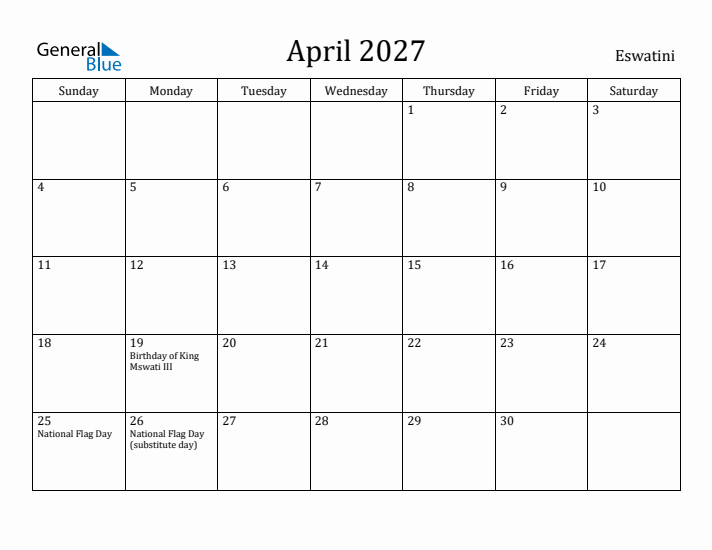 April 2027 Calendar Eswatini
