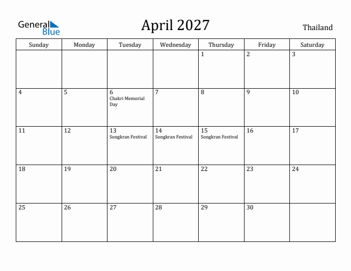April 2027 Calendar Thailand