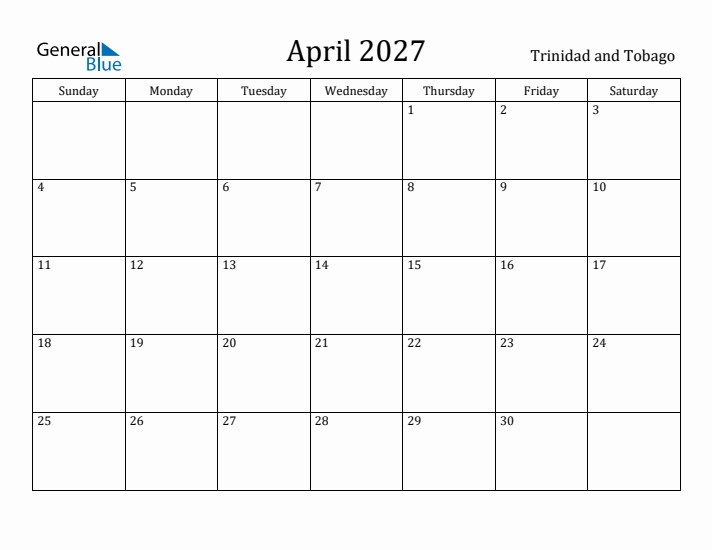 April 2027 Calendar Trinidad and Tobago