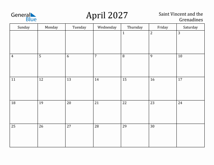 April 2027 Calendar Saint Vincent and the Grenadines