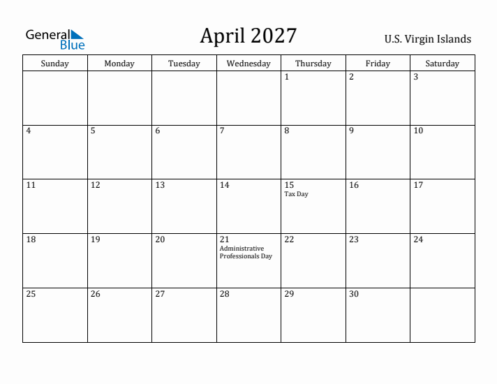 April 2027 Calendar U.S. Virgin Islands