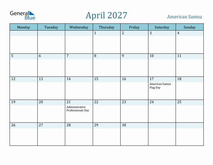 April 2027 Calendar with Holidays