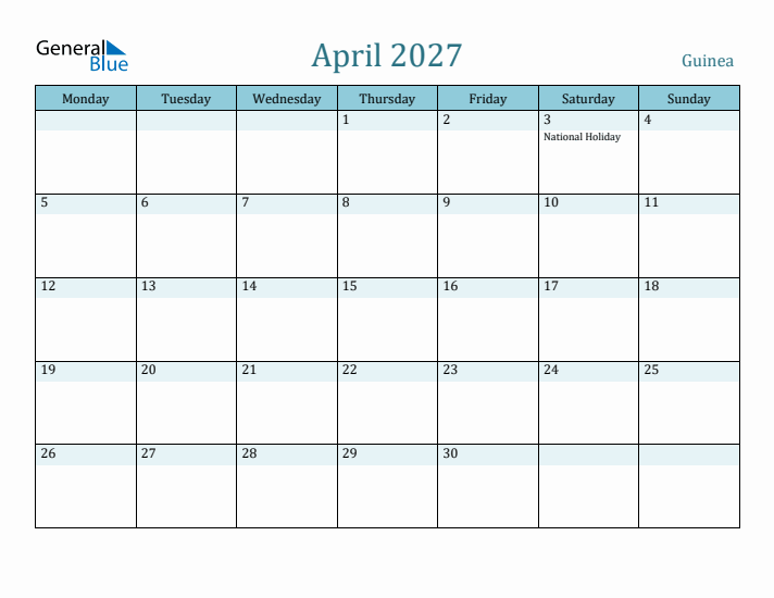 April 2027 Calendar with Holidays