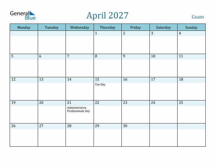 April 2027 Calendar with Holidays