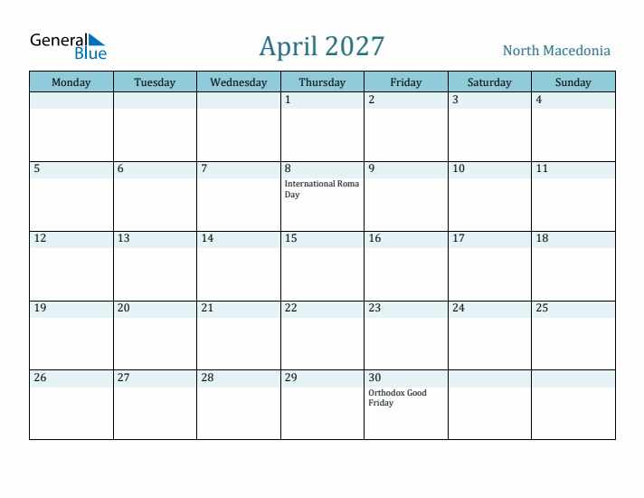 April 2027 Calendar with Holidays