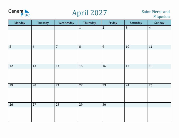 April 2027 Calendar with Holidays
