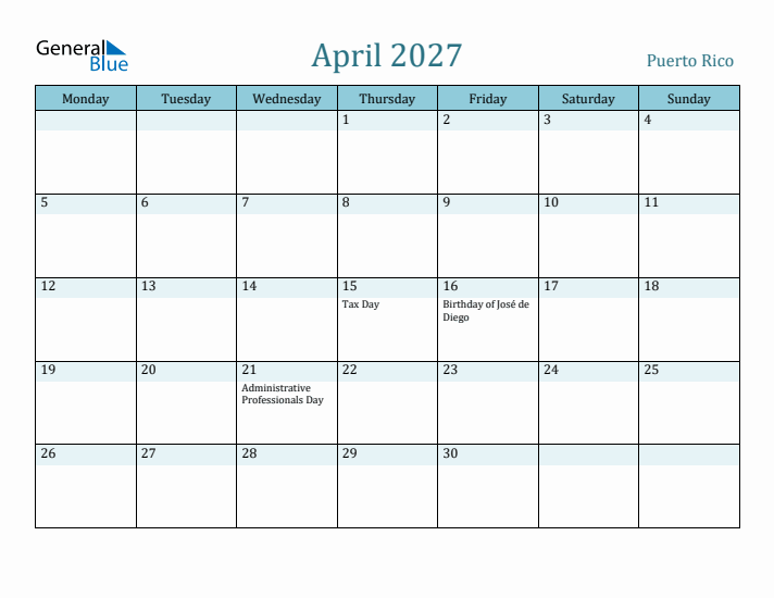 April 2027 Calendar with Holidays