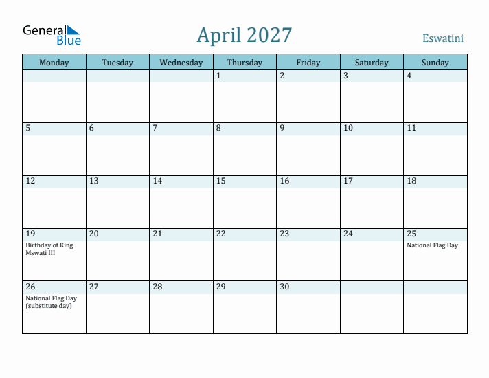 April 2027 Calendar with Holidays