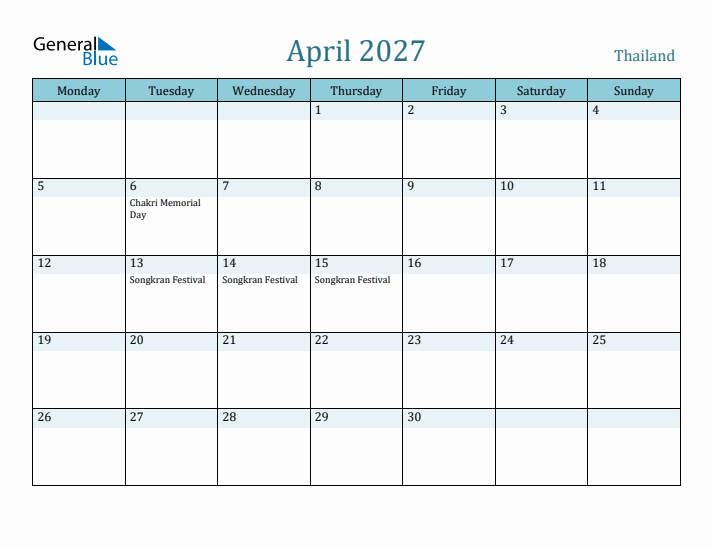 April 2027 Calendar with Holidays