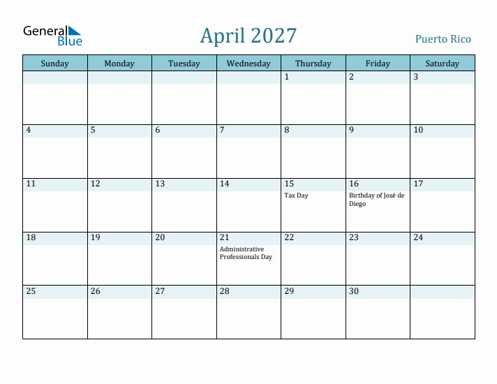 April 2027 Calendar with Holidays