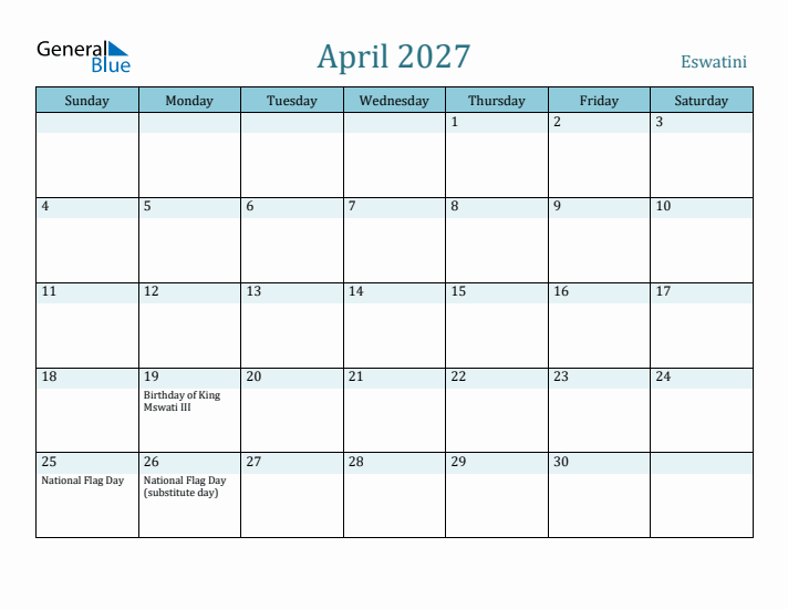 April 2027 Calendar with Holidays