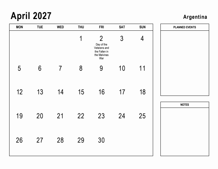 April 2027 Printable Monthly Calendar with Argentina Holidays
