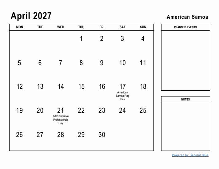 April 2027 Printable Monthly Calendar with American Samoa Holidays