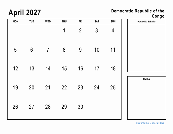April 2027 Printable Monthly Calendar with Democratic Republic of the Congo Holidays