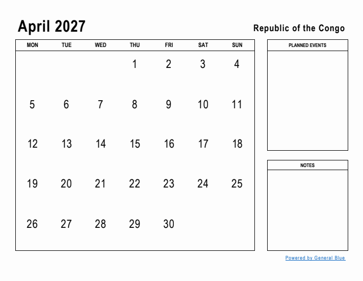 April 2027 Printable Monthly Calendar with Republic of the Congo Holidays