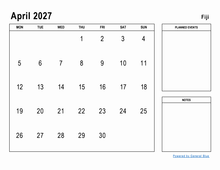 April 2027 Printable Monthly Calendar with Fiji Holidays