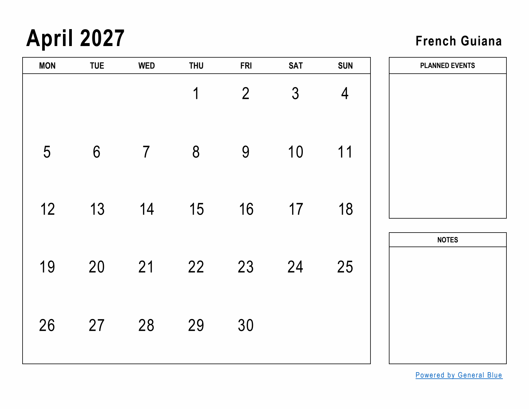 April 2027 Printable Monthly Calendar with French Guiana Holidays