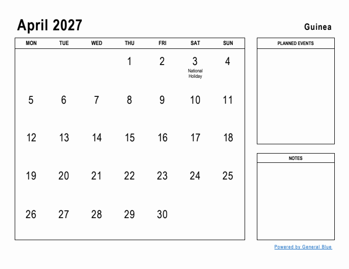 April 2027 Printable Monthly Calendar with Guinea Holidays