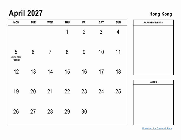 April 2027 Printable Monthly Calendar with Hong Kong Holidays