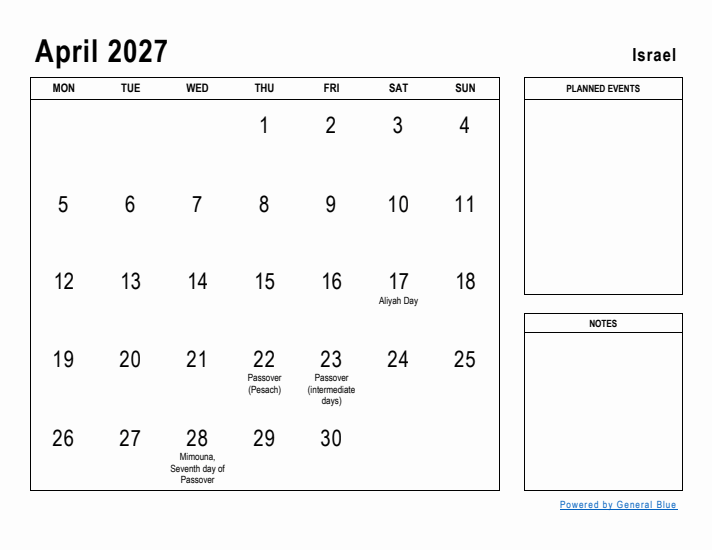 April 2027 Printable Monthly Calendar with Israel Holidays