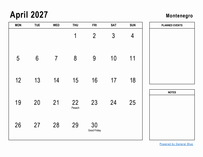 April 2027 Printable Monthly Calendar with Montenegro Holidays