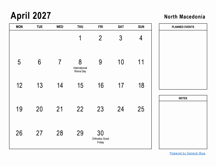 April 2027 Printable Monthly Calendar with North Macedonia Holidays