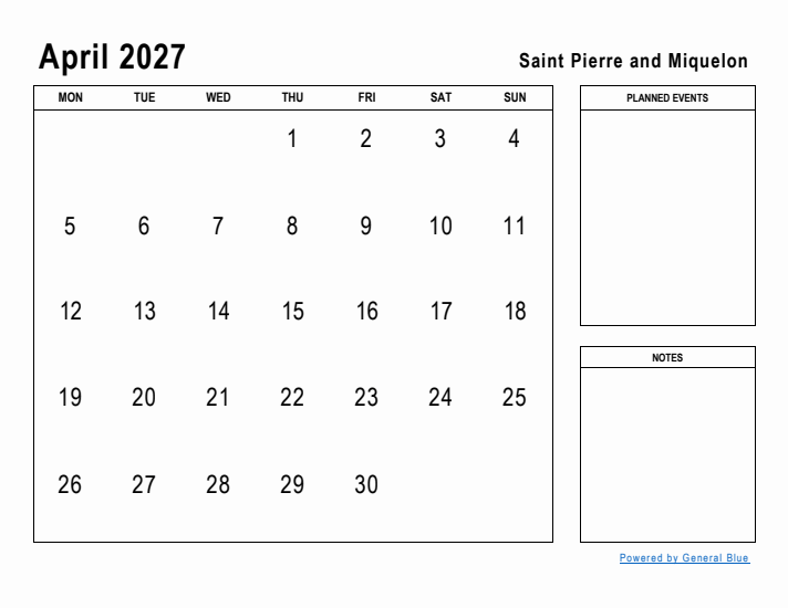 April 2027 Printable Monthly Calendar with Saint Pierre and Miquelon Holidays