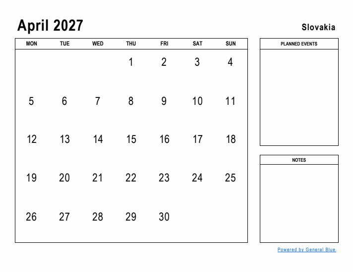 April 2027 Printable Monthly Calendar with Slovakia Holidays