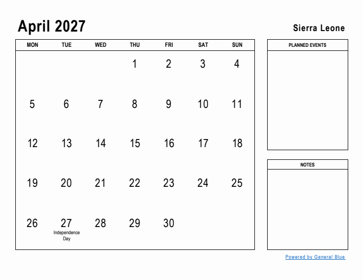 April 2027 Printable Monthly Calendar with Sierra Leone Holidays