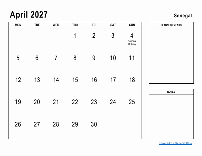 April 2027 Printable Monthly Calendar with Senegal Holidays