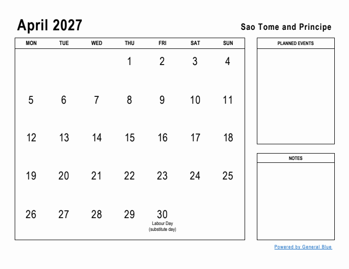 April 2027 Printable Monthly Calendar with Sao Tome and Principe Holidays