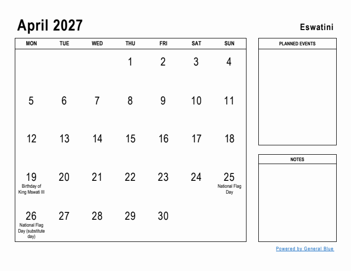 April 2027 Printable Monthly Calendar with Eswatini Holidays