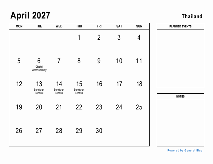 April 2027 Printable Monthly Calendar with Thailand Holidays