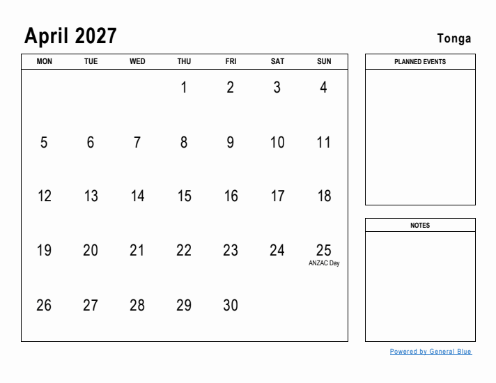 April 2027 Printable Monthly Calendar with Tonga Holidays