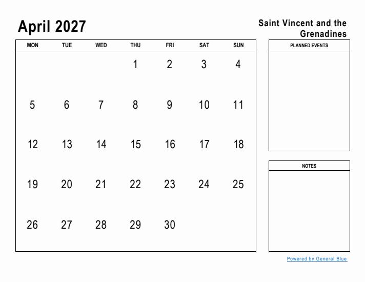 April 2027 Printable Monthly Calendar with Saint Vincent and the Grenadines Holidays