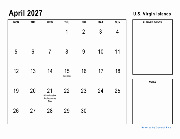 April 2027 Printable Monthly Calendar with U.S. Virgin Islands Holidays