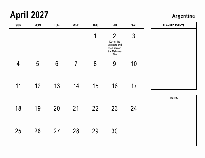 April 2027 Printable Monthly Calendar with Argentina Holidays