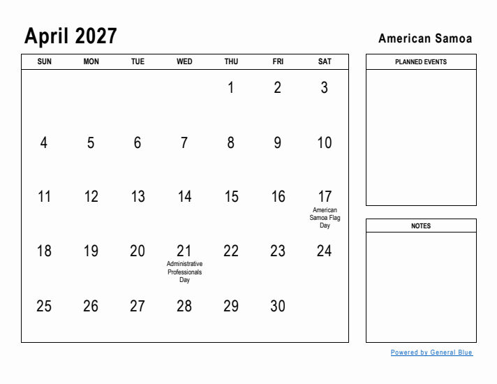 April 2027 Printable Monthly Calendar with American Samoa Holidays