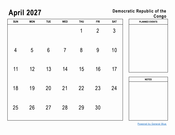 April 2027 Printable Monthly Calendar with Democratic Republic of the Congo Holidays