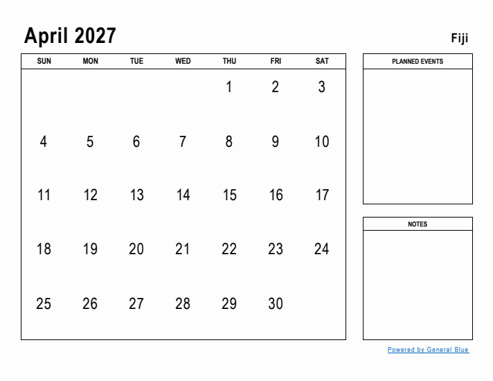 April 2027 Printable Monthly Calendar with Fiji Holidays