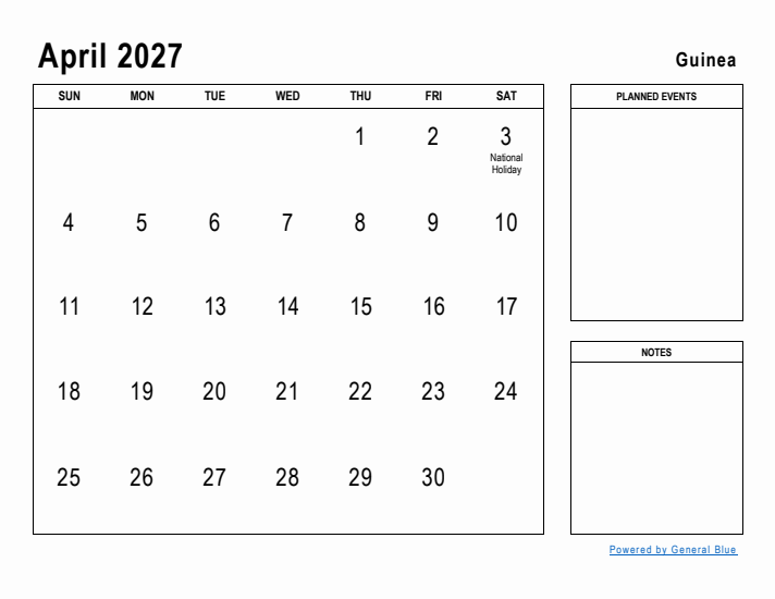 April 2027 Printable Monthly Calendar with Guinea Holidays