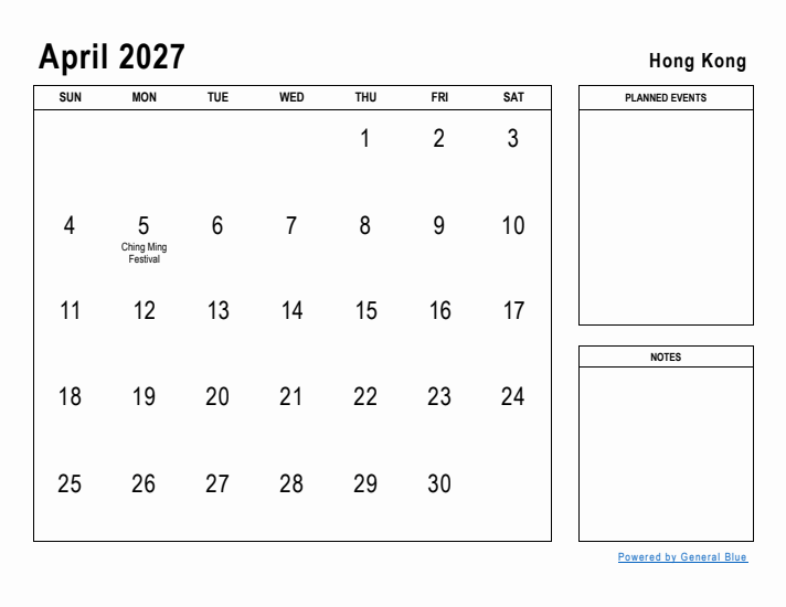 April 2027 Printable Monthly Calendar with Hong Kong Holidays