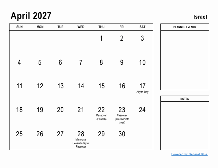 April 2027 Printable Monthly Calendar with Israel Holidays