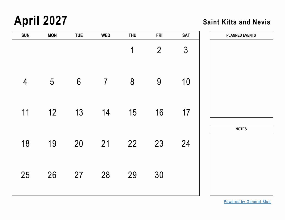 April 2027 Planner with Saint Kitts and Nevis Holidays