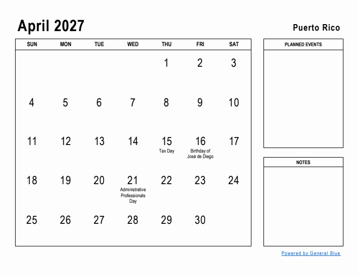 April 2027 Printable Monthly Calendar with Puerto Rico Holidays