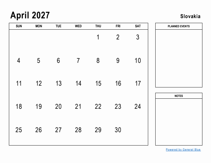 April 2027 Printable Monthly Calendar with Slovakia Holidays